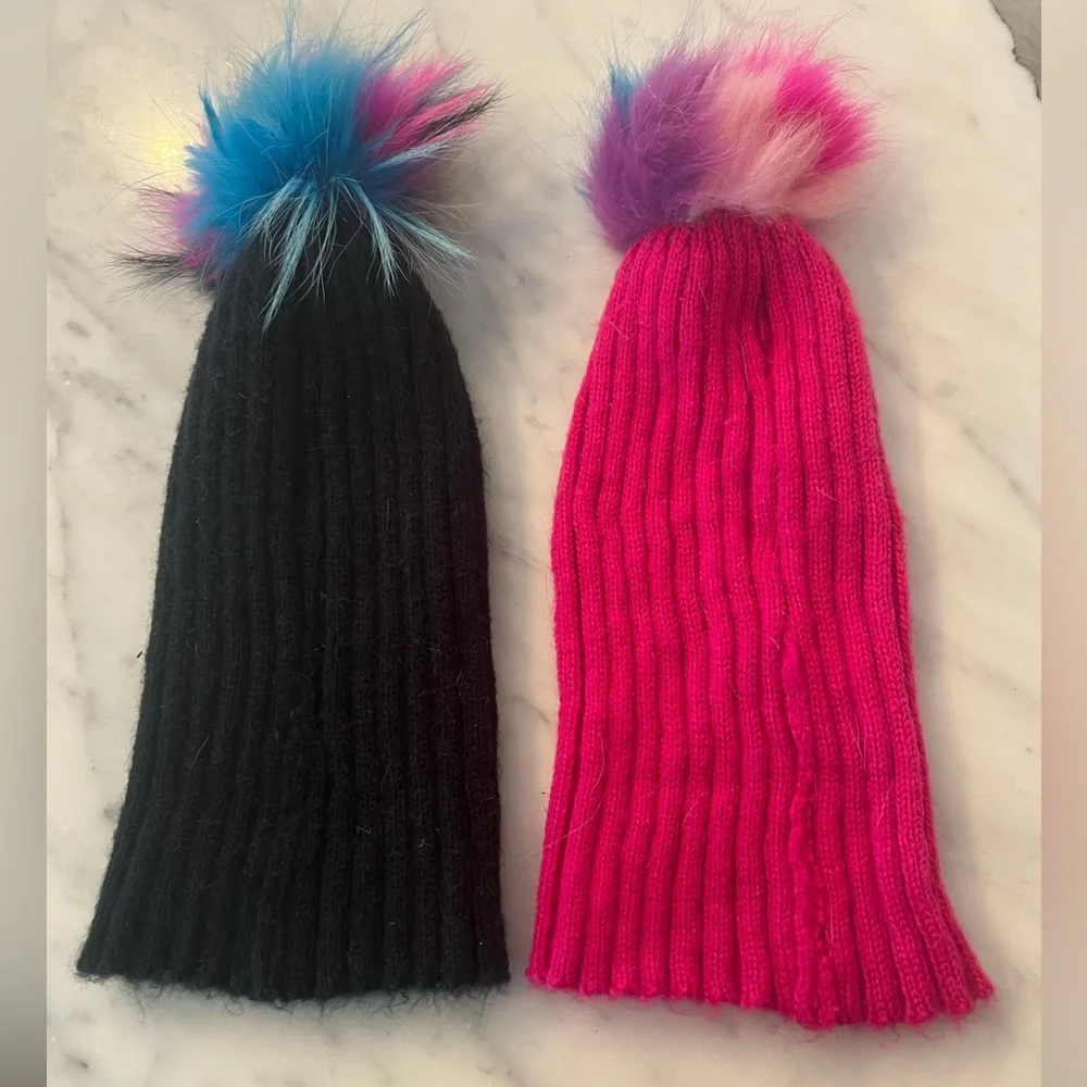 Bari Lynn Black Knit Beanie Hat with Rainbow Faux Fur Pom One Size Winter EUC